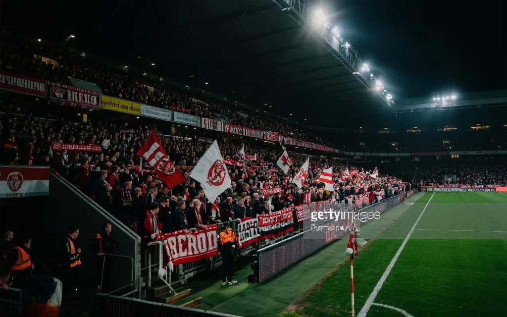 球迷在看台上观赛、灯光与旗帜交织的热烈氛围，占位图