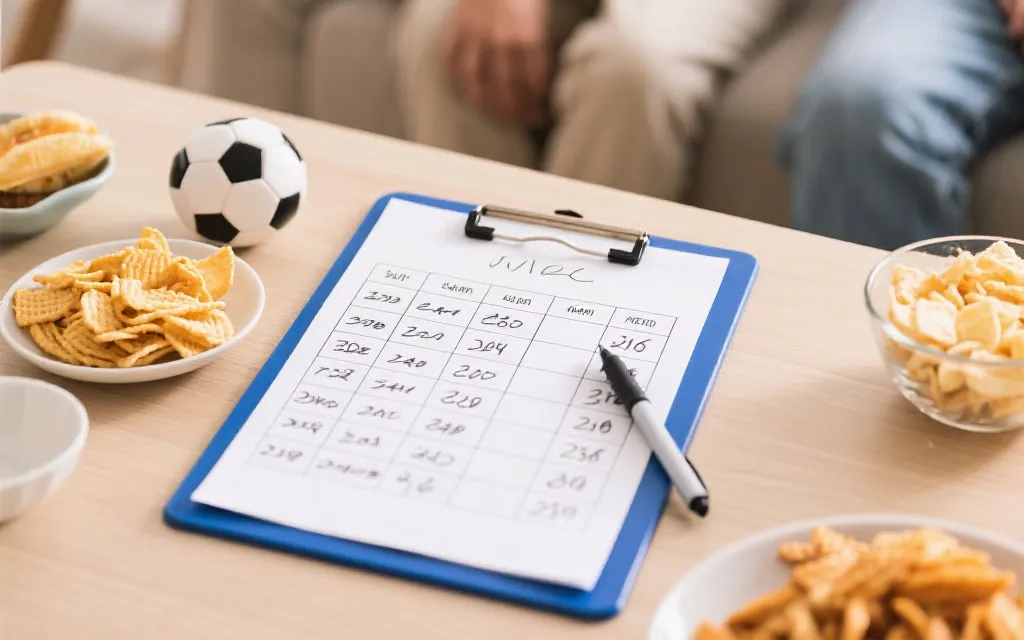 线下观赛桌面上的预测榜单与记分卡，氛围热烈但温馨