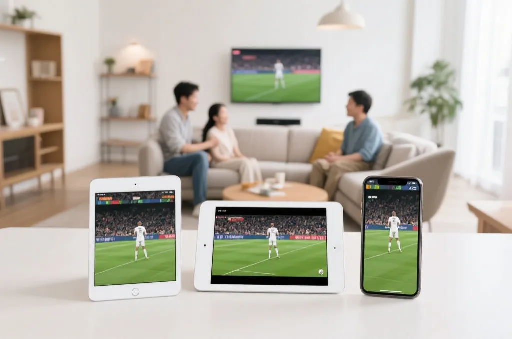 手机、平板和电视同步观看体育赛事的家庭场景
